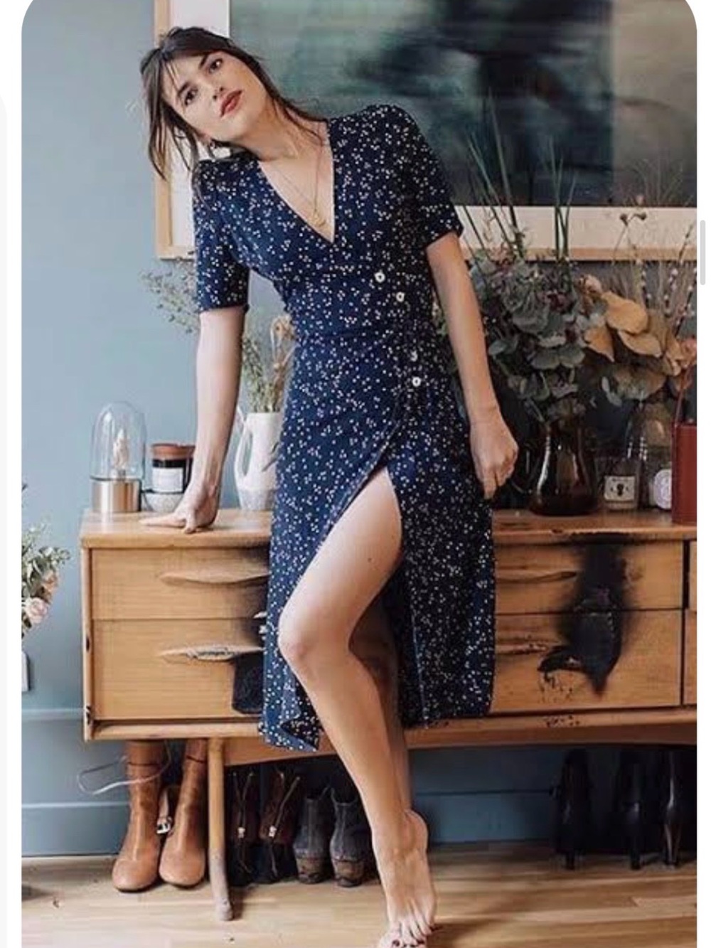 Rouje Navy Floral Wrap Midi Dress